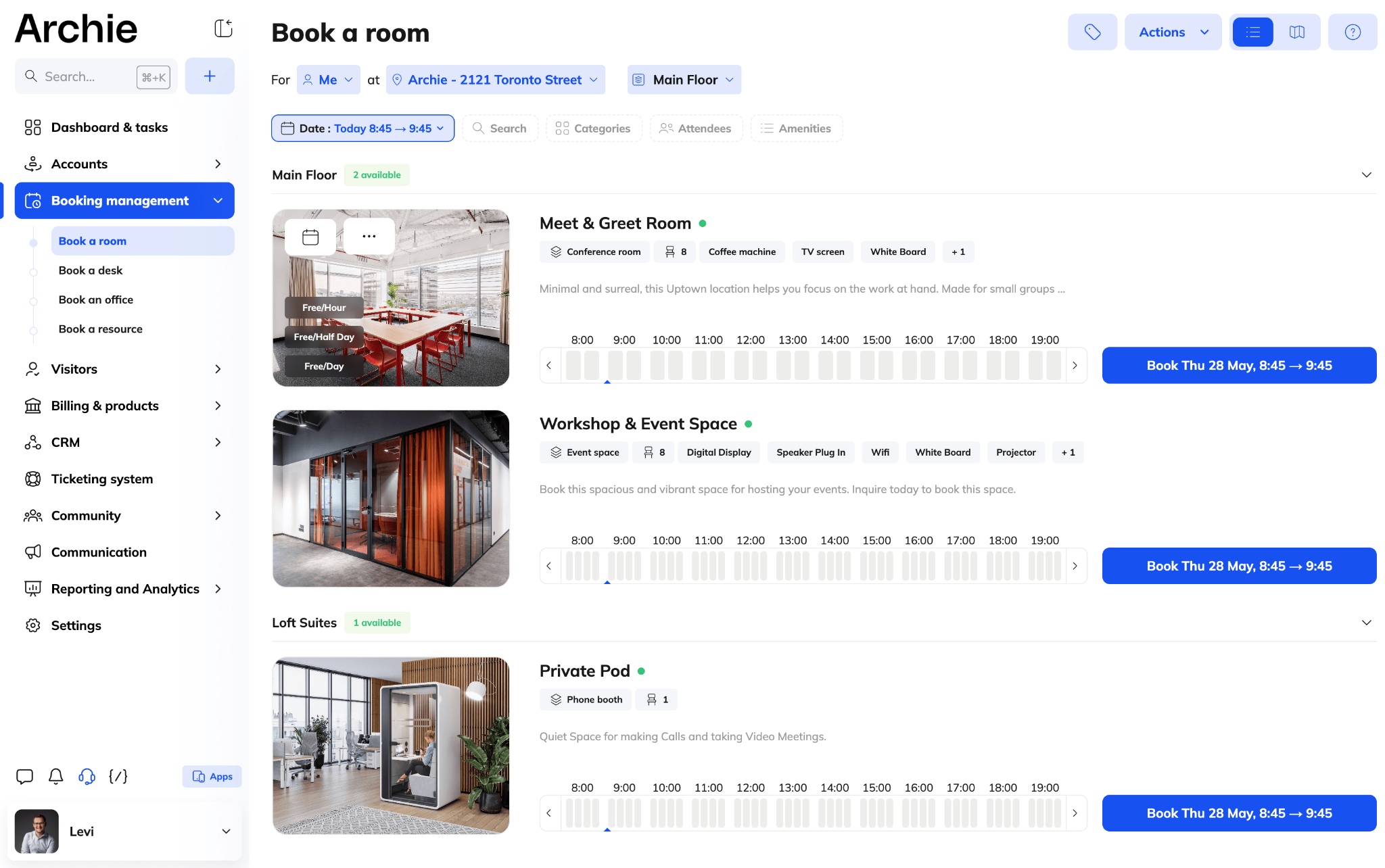 Booking a room inside the Archie coworking app