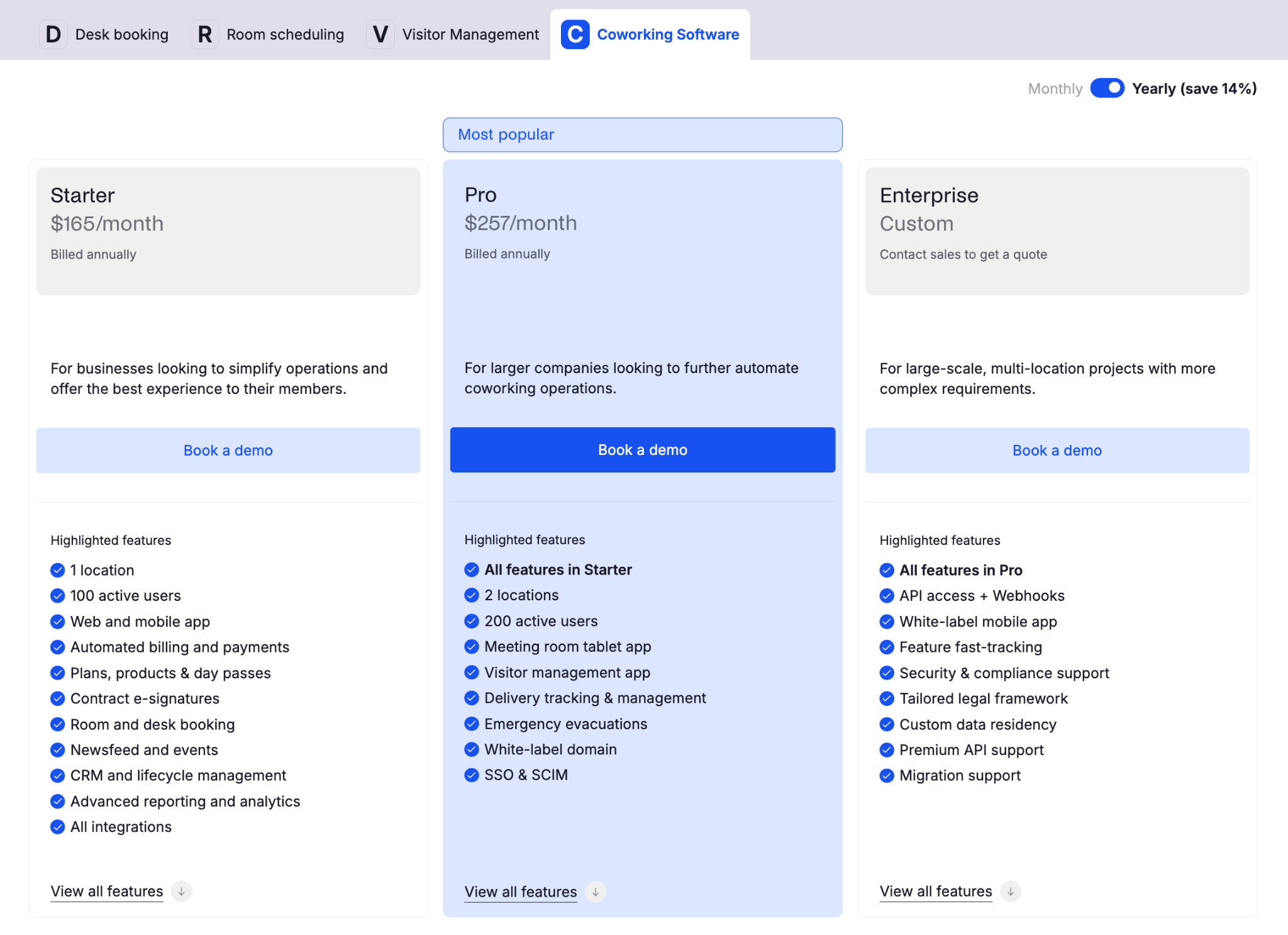 Archie coworking software pricing plans